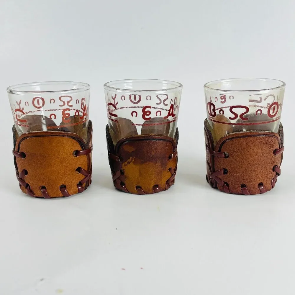 3 Vintage Libbey Bamco Western Shot Glasses MCM Tooled Leather Wraps Barware